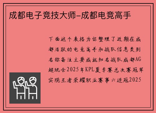 成都电子竞技大师-成都电竞高手